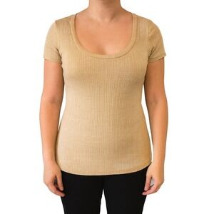 Women's XS Beige Scoop Neck‎ Short Sleeve T-Shirt Basic Solid Top